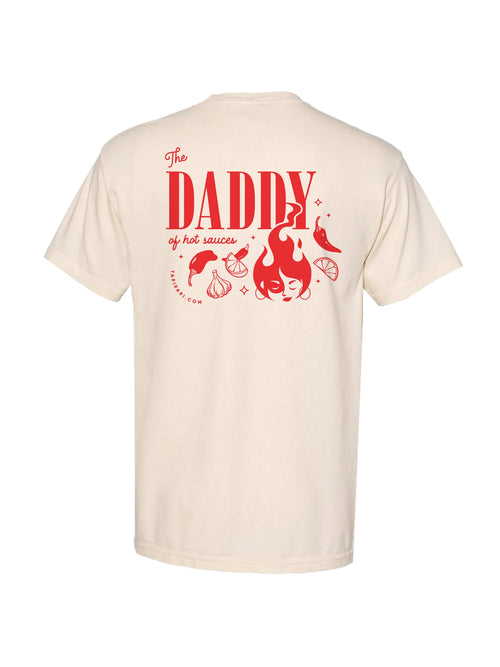 Back view of an ivory t-shirt with a red graphic and text reading "The daddy of hot sauces."