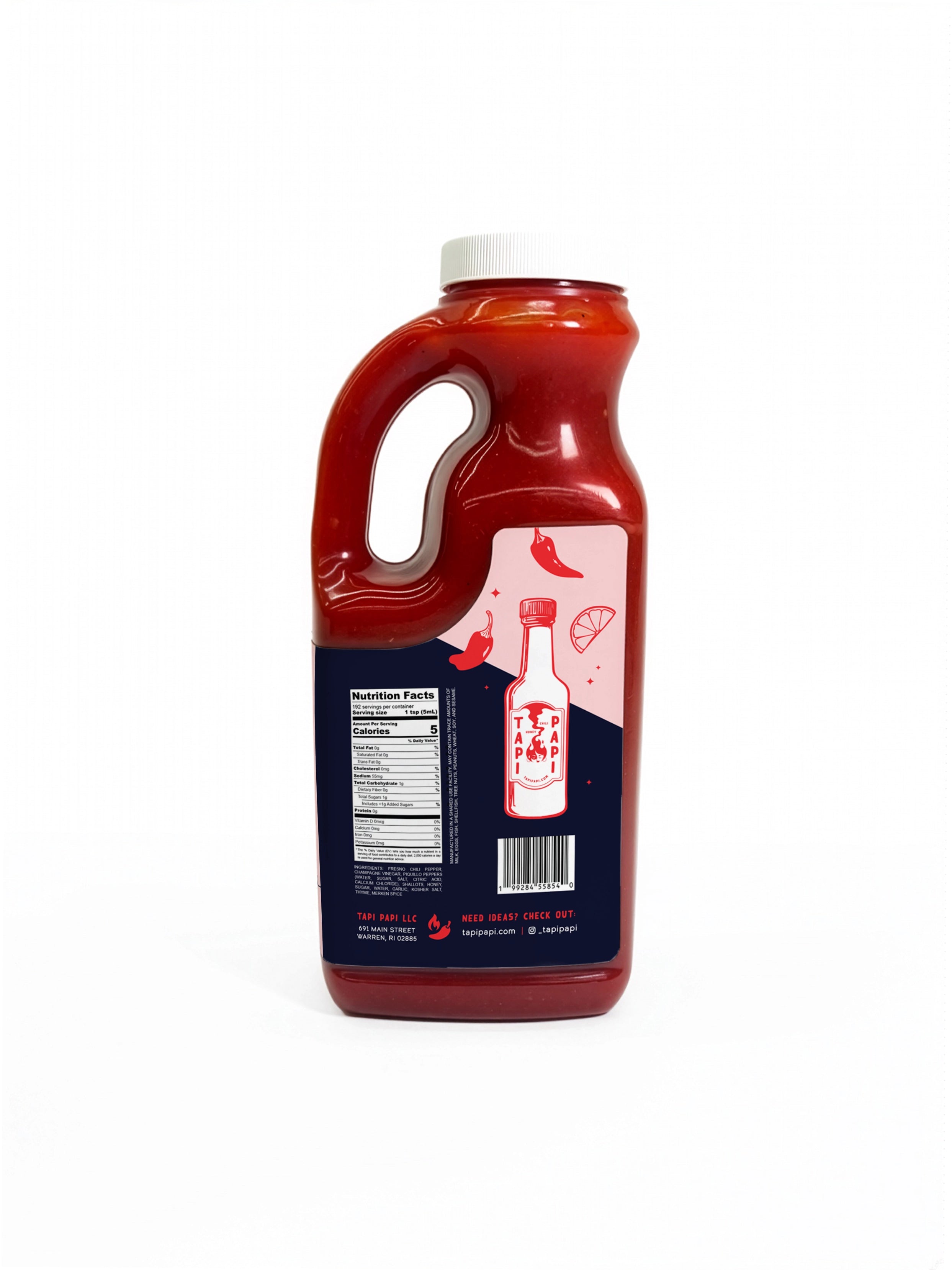 32 oz bottle of Big Papi honey chili hot sauce view of back - Tapi Papi