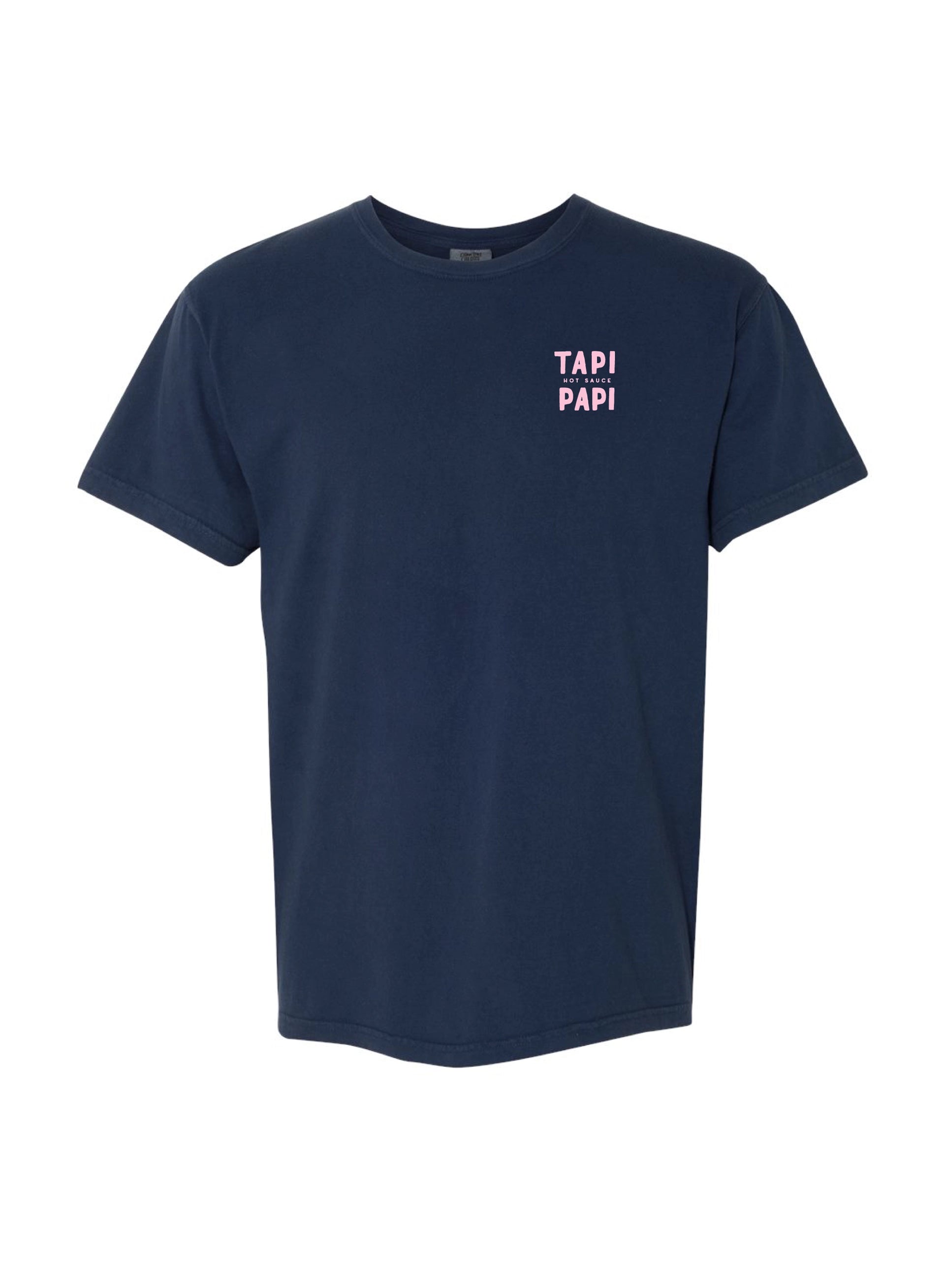Front view of a navy T-shirt with small “TAPI PAPI Hot Sauce” text printed on the left chest.