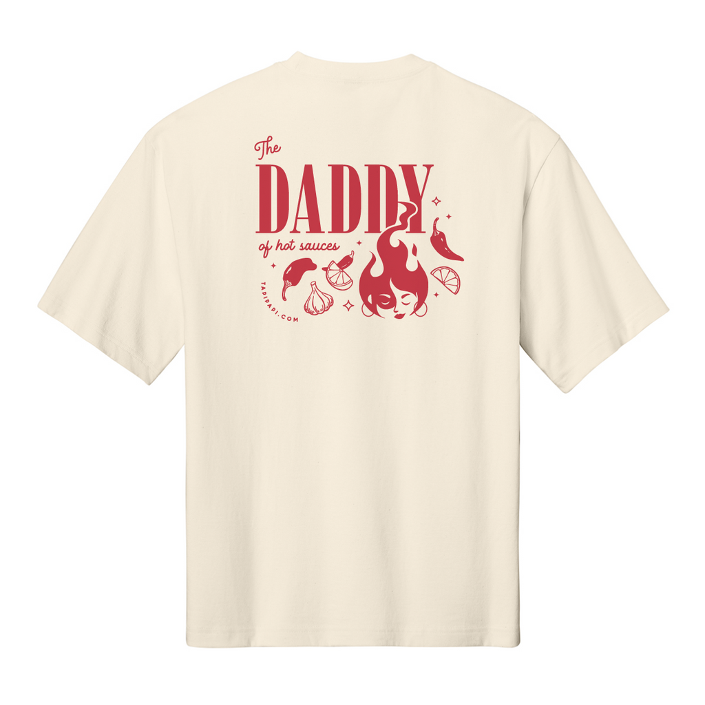Ivory t-shirt with a red Tapi Papi graphic and text reading "The daddy of hot sauces."