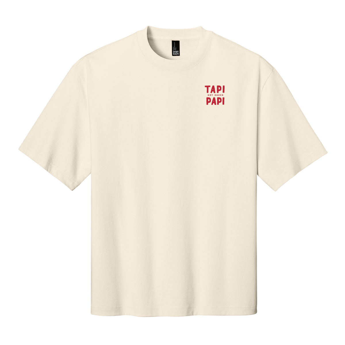 Ivory T-shirt with Tapi Papi Hot Sauce text printed on the left chest.