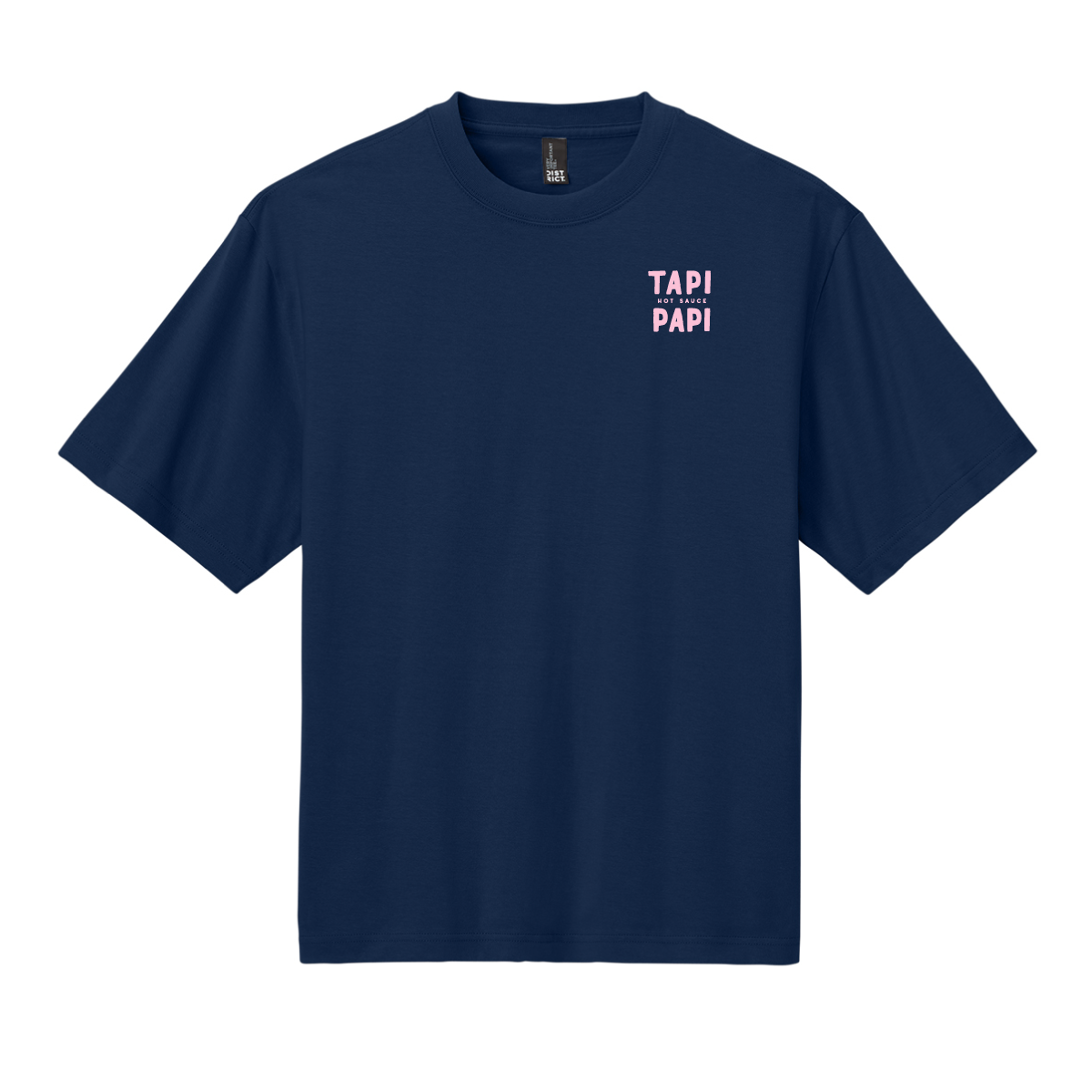 Navy T-shirt with small “TAPI PAPI Hot Sauce” text printed on the left chest.