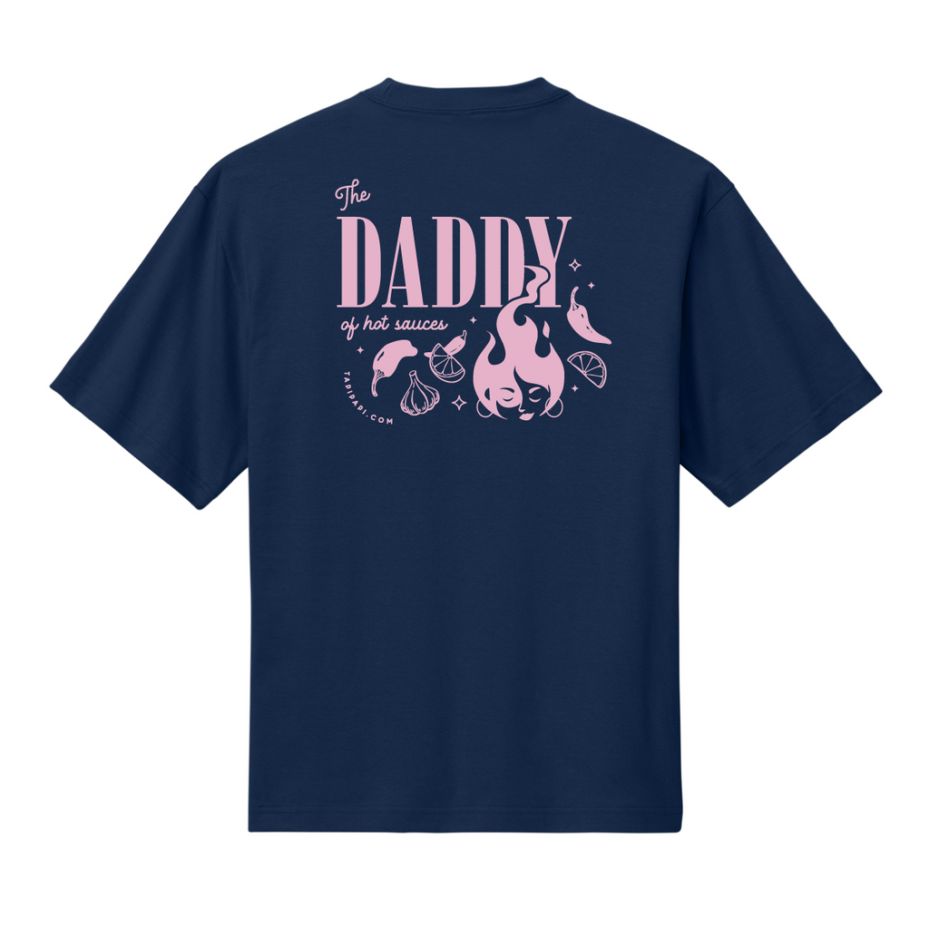 Navy t-shirt with a pink Tapi Papi graphic and text reading "The daddy of hot sauces."