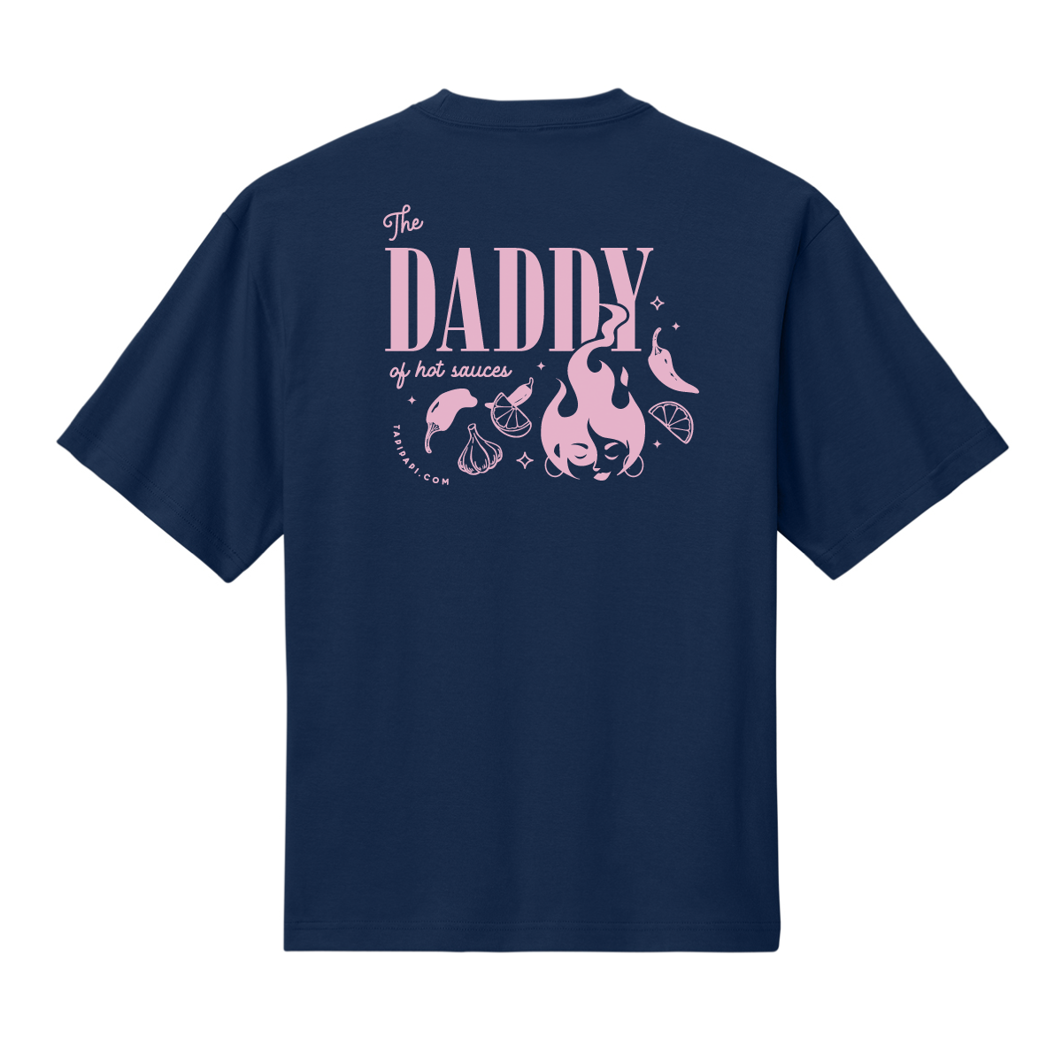 Navy t-shirt with a pink Tapi Papi graphic and text reading "The daddy of hot sauces."